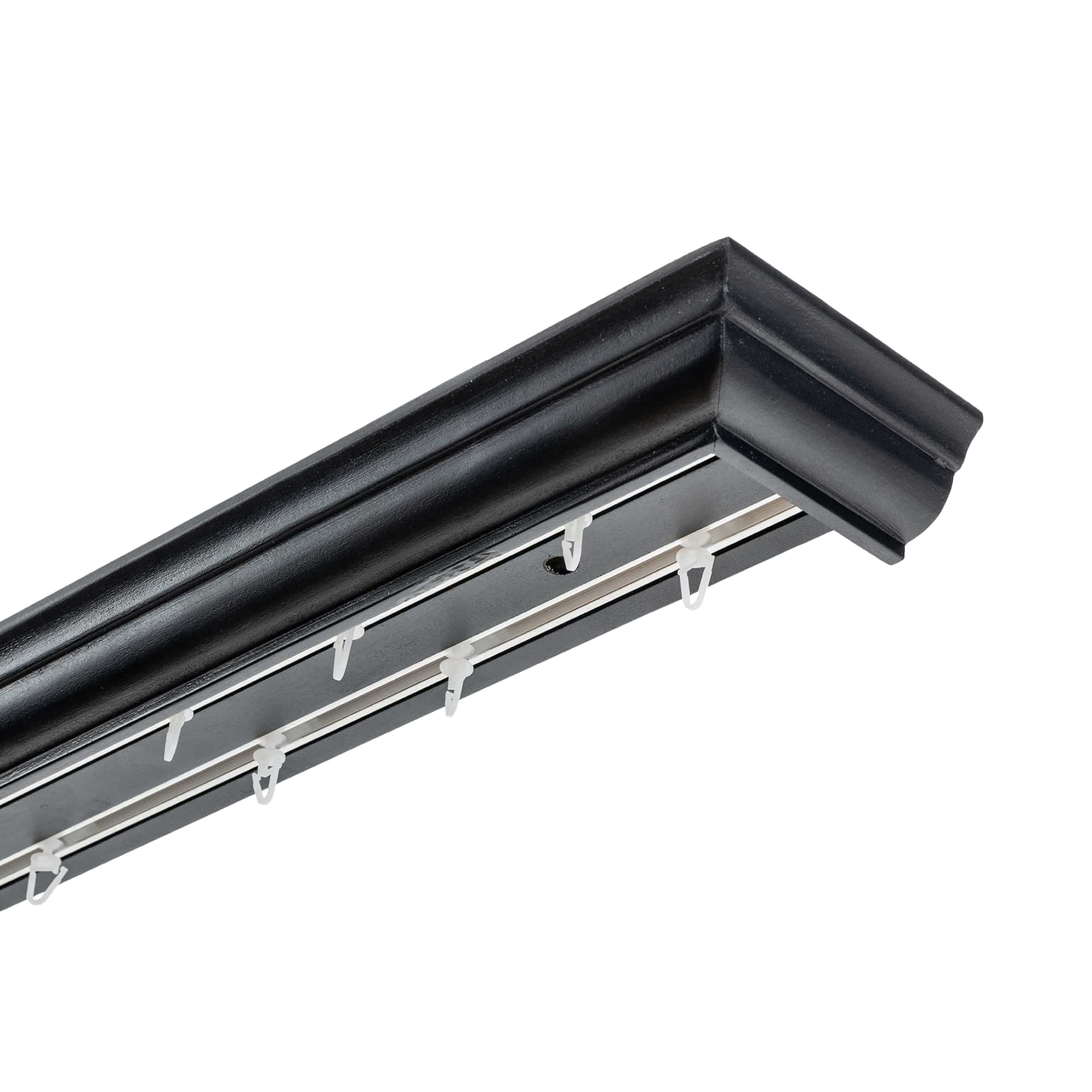 Garnýž na záclonu a závěs Filip s dřevěnou čelní maskou. Černá
